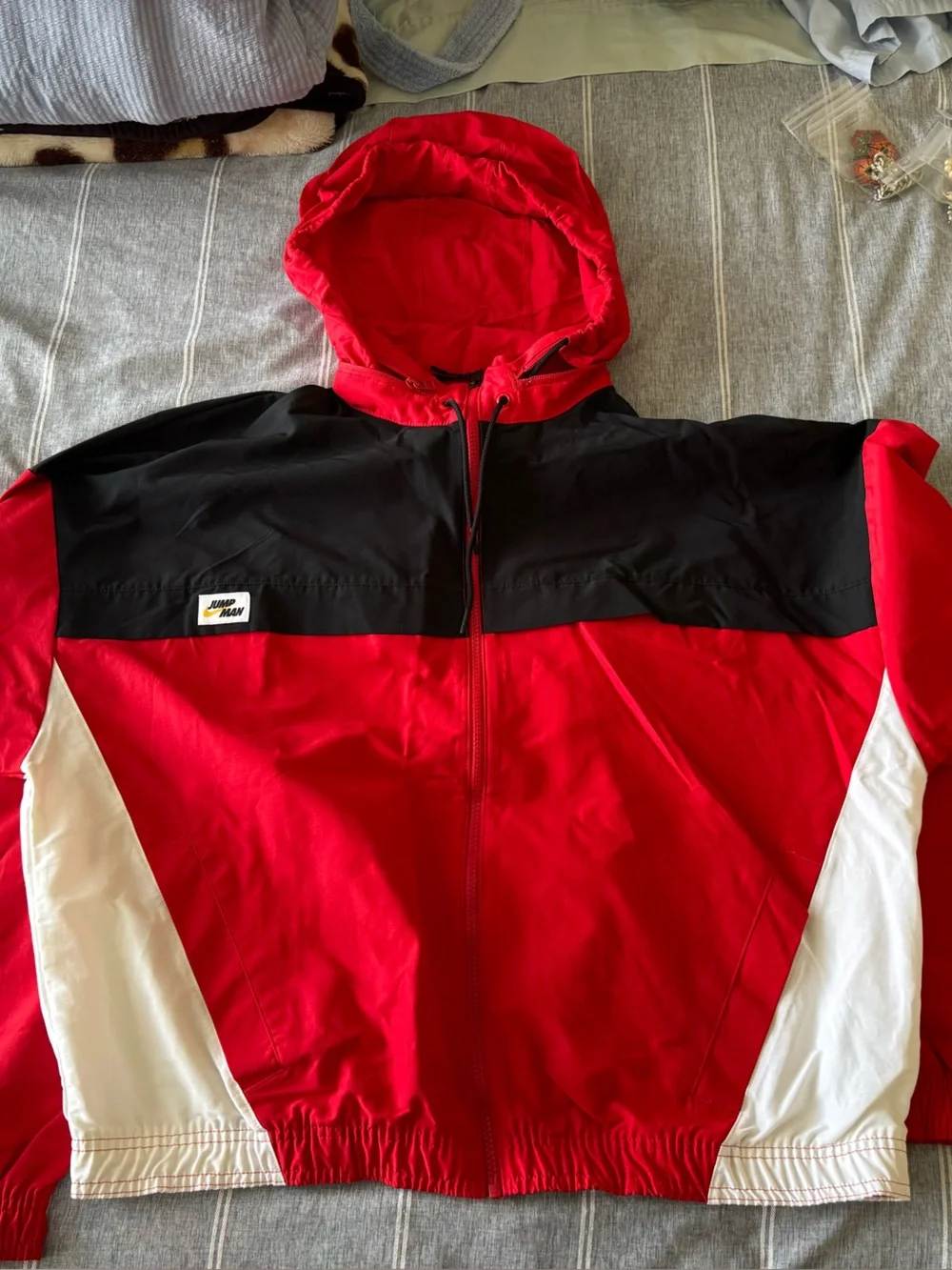 Jordan Red Black Hooded Colorblock Jacket with White Accents